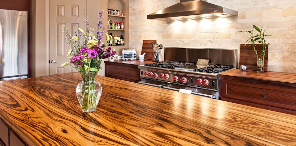 Custom Zebrawood Wood Island Countertop and Walnut Countertop